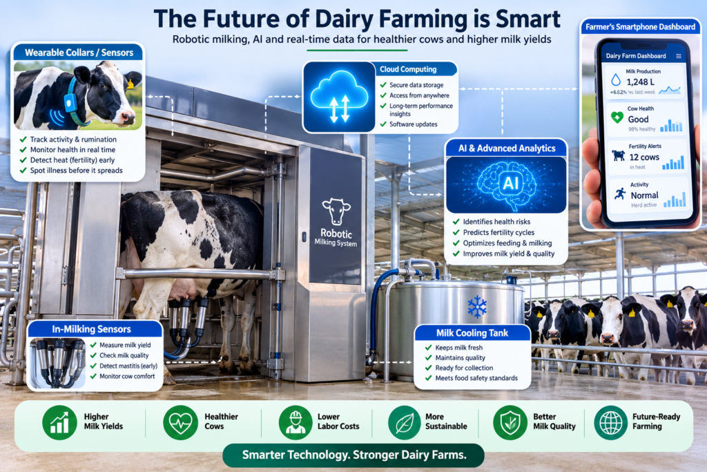 Infographic showing robotic milking system connected to AI, sensors, cloud computing, wearable collars, milk cooling tank, smartphone dashboard and healthy dairy cows.