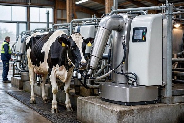 A robotic milking system automatically milks a dairy cow while AI-powered sensors collect real-time data on milk yield, udder health, and animal well-being.