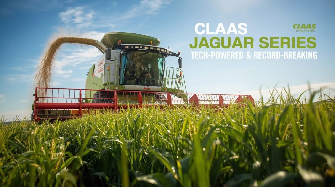 Create a high-impact agricultural machinery cover image featuring the CLAAS JAGUAR 1000 Series forage harvester in action. Show the machine harvesting a large field of maize or whole-crop wheat under bright daylight. Emphasize its massive size, modern design, and powerful front header. Include subtle motion effects of chopped material being discharged. Use bold, clean typography for the headline “CLAAS JAGUAR 1000 Series – Tech-Powered & Record-Breaking.” Aim for a professional magazine-style layout with a premium, modern look.