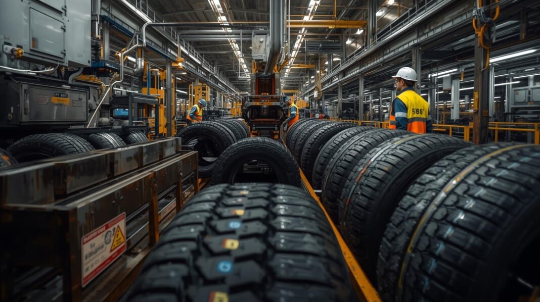 Create a realistic blog post image showing a close-up of tyre manufacturing in a factory. Include industrial machinery, workers wearing safety gear, rubber being processed, and partially finished tyres on assembly lines. Use detailed textures, realistic lighting, and a professional industrial color palette. Include space for a headline overlay.