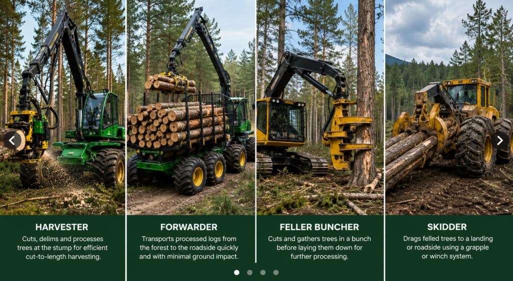 A collage/carousel showing different logging machines: Harvester Forwarder Feller buncher Skidder