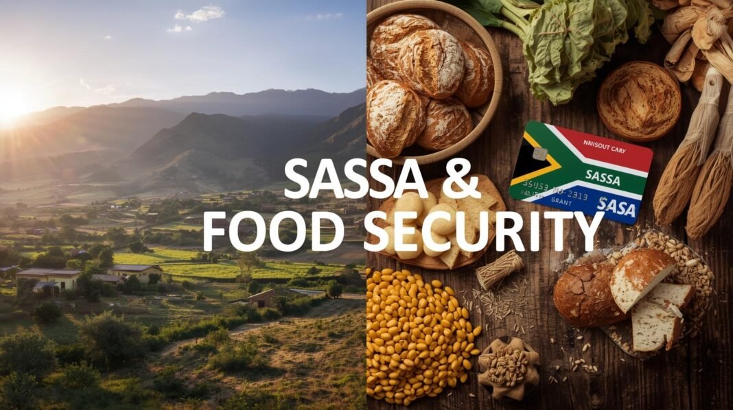 Split-screen design showing contrast Left side - rural South African landscape with traditional homes and farmland in warm earth tones. Right side - SASSA grant card and food items (bread, vegetables, maize) arranged on wooden surface. Center overlay bold text 'SASSA & Food Security' with South African flag colors accent. Photorealistic style, professional news feature aesthetic