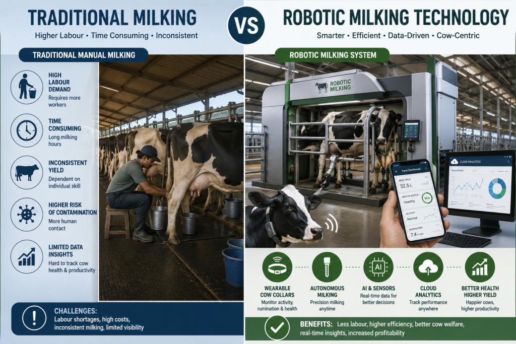 Comparison between traditional milking and robotic milking systems.