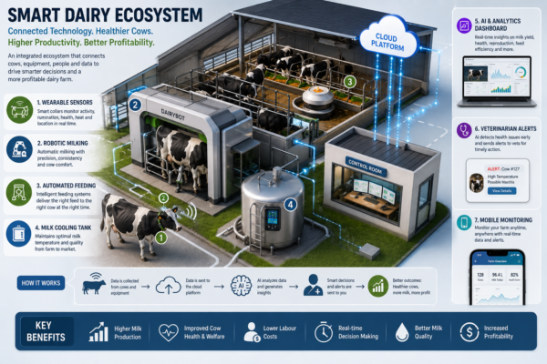 Smart dairy farm ecosystem powered by AI and robotic milking technology.