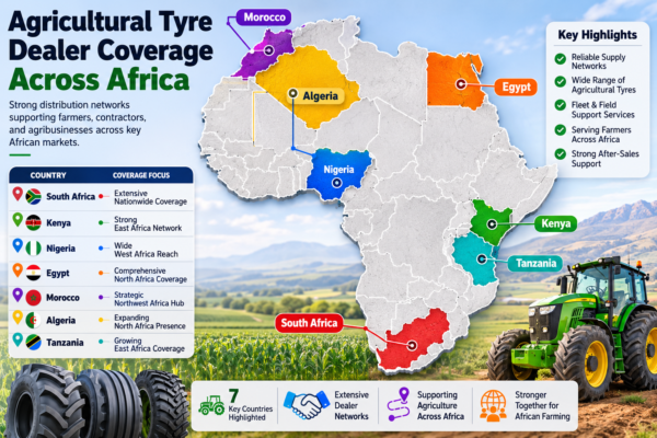 Agricultural Tyre Dealer Coverage Across Africa Map highlighting South Africa Kenya Nigeria Egypt Morocco Algeria Tanzania