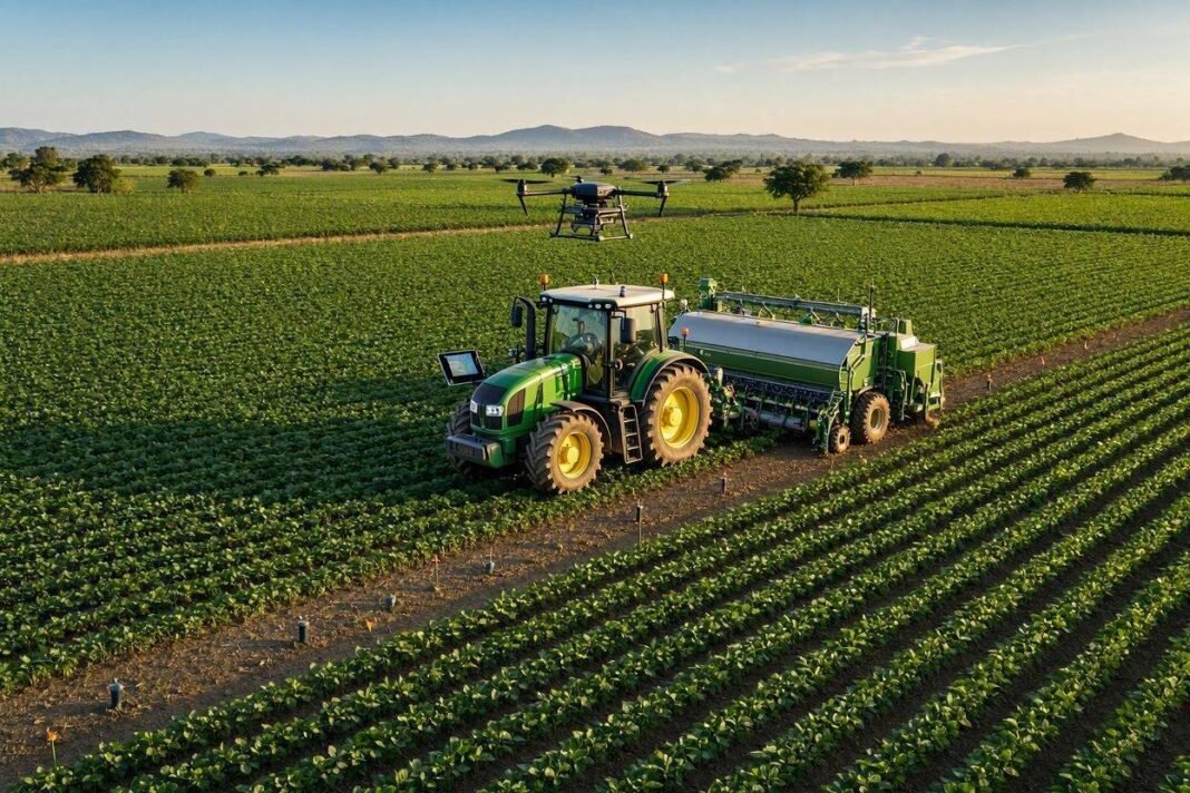 Photorealistic editorial market-intelligence image of modern precision agriculture in Brazil. A large Brazilian soybean farm viewed from an elevated drone perspective, with a modern tractor equipped with GNSS precision guidance working precisely across perfectly aligned crop rows.